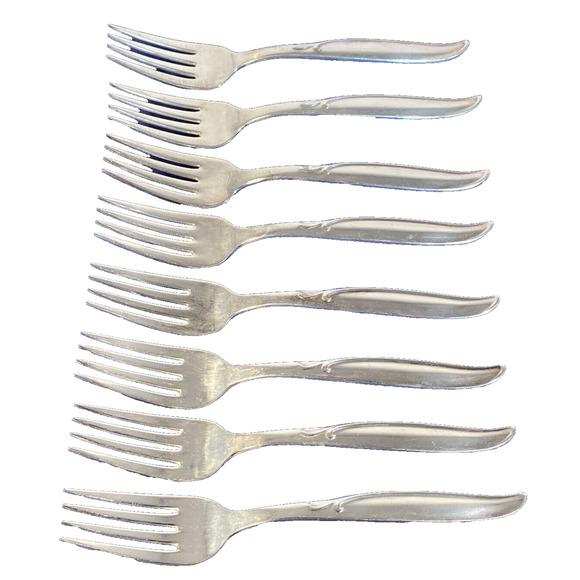 1958 Wm Rogers 6 1/8” Eight Dessert Salad Forks Sweep Pattern Silver Plate - Picture 2 of 9